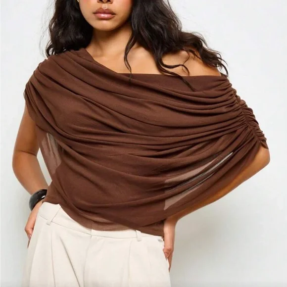 Brown asymmetrical off shoulder draped, flowy stretchy mesh top - Picture 1 of 4